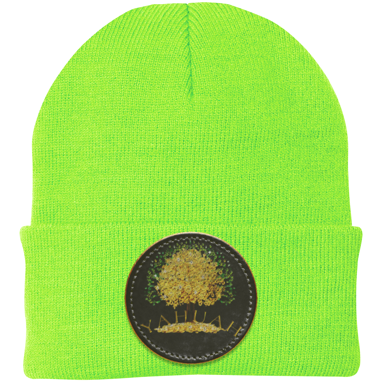 Lime Green knit beanie with a leather patch featuring the gold Yahuah Tree of Life (03) design