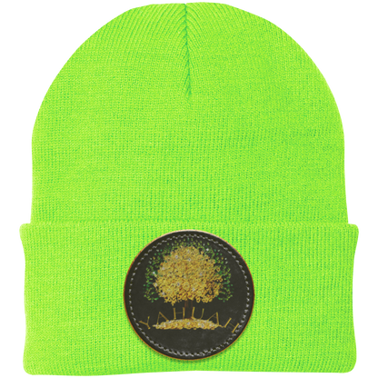 Lime Green knit beanie with a leather patch featuring the gold Yahuah Tree of Life (03) design
