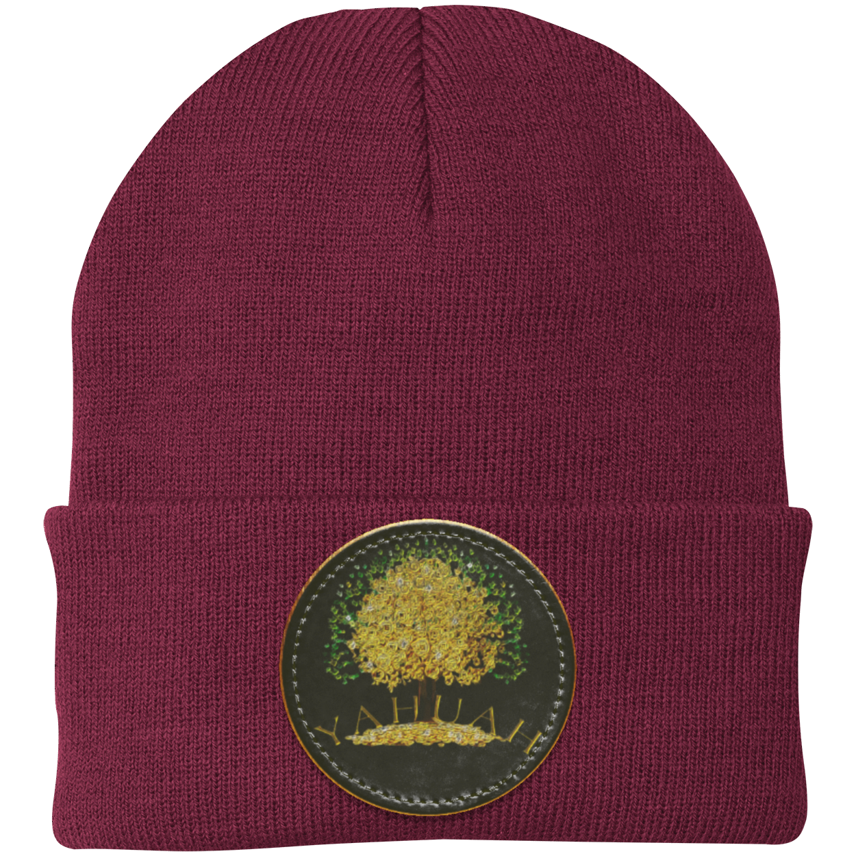 Maroon knit beanie with a leather patch featuring the gold Yahuah Tree of Life (03) design