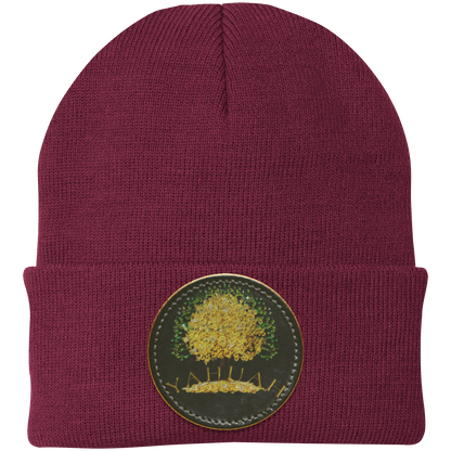 Maroon knit beanie with a leather patch featuring the gold Yahuah Tree of Life (03) design