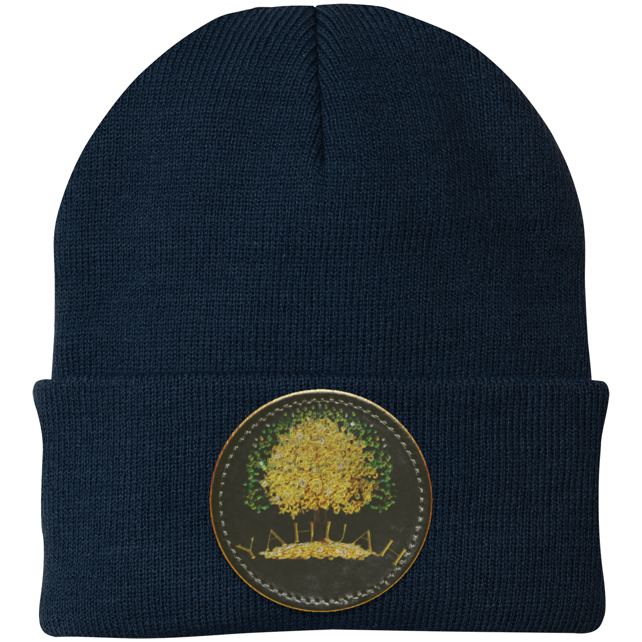 Navy Blue knit beanie with a leather patch featuring the gold Yahuah Tree of Life (03) design