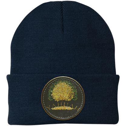 Navy Blue knit beanie with a leather patch featuring the gold Yahuah Tree of Life (03) design
