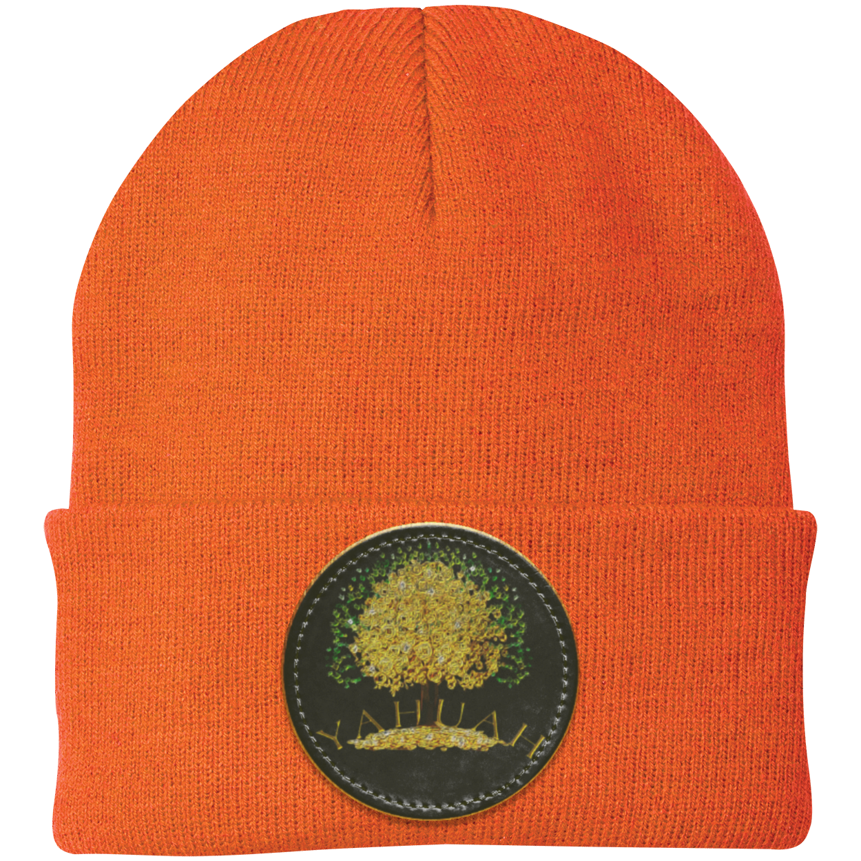 Orange knit beanie with a leather patch featuring the gold Yahuah Tree of Life (03) design