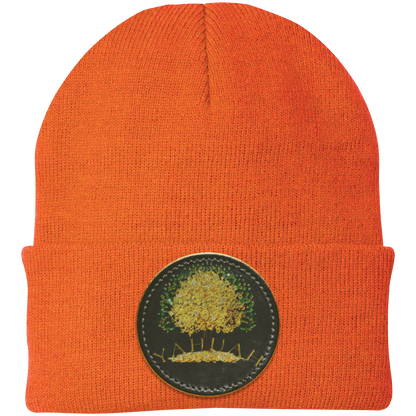 Orange knit beanie with a leather patch featuring the gold Yahuah Tree of Life (03) design