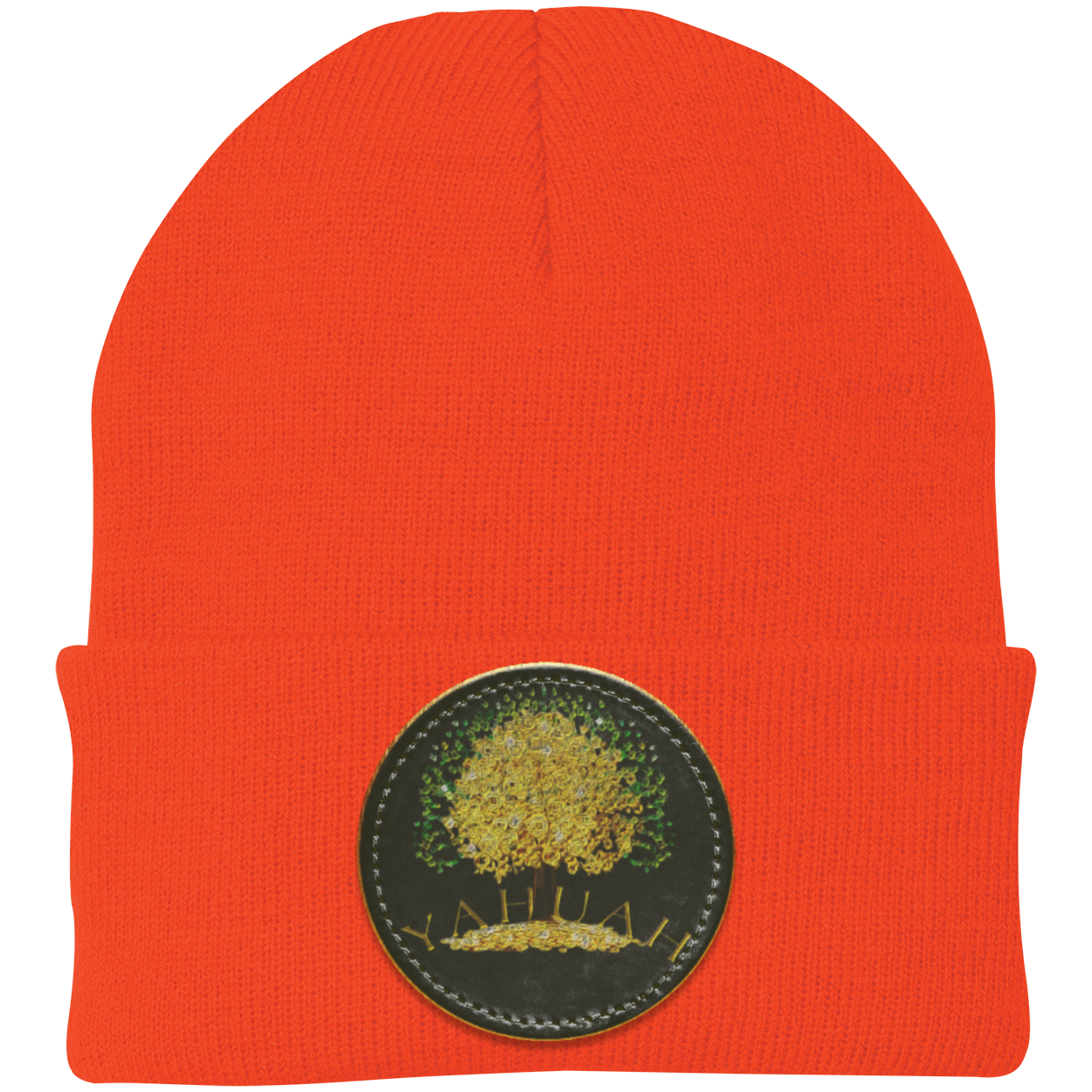 Orange Red knit beanie with a leather patch featuring the gold Yahuah Tree of Life (03) design