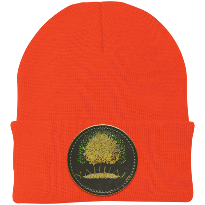 Orange Red knit beanie with a leather patch featuring the gold Yahuah Tree of Life (03) design