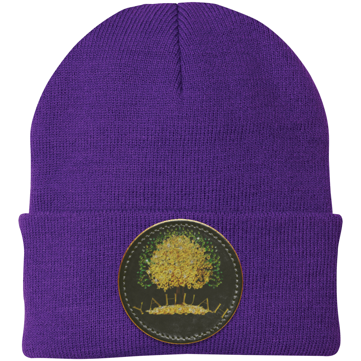 Purple knit beanie with a leather patch featuring the gold Yahuah Tree of Life (03) design