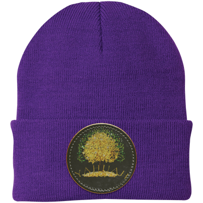 Purple knit beanie with a leather patch featuring the gold Yahuah Tree of Life (03) design