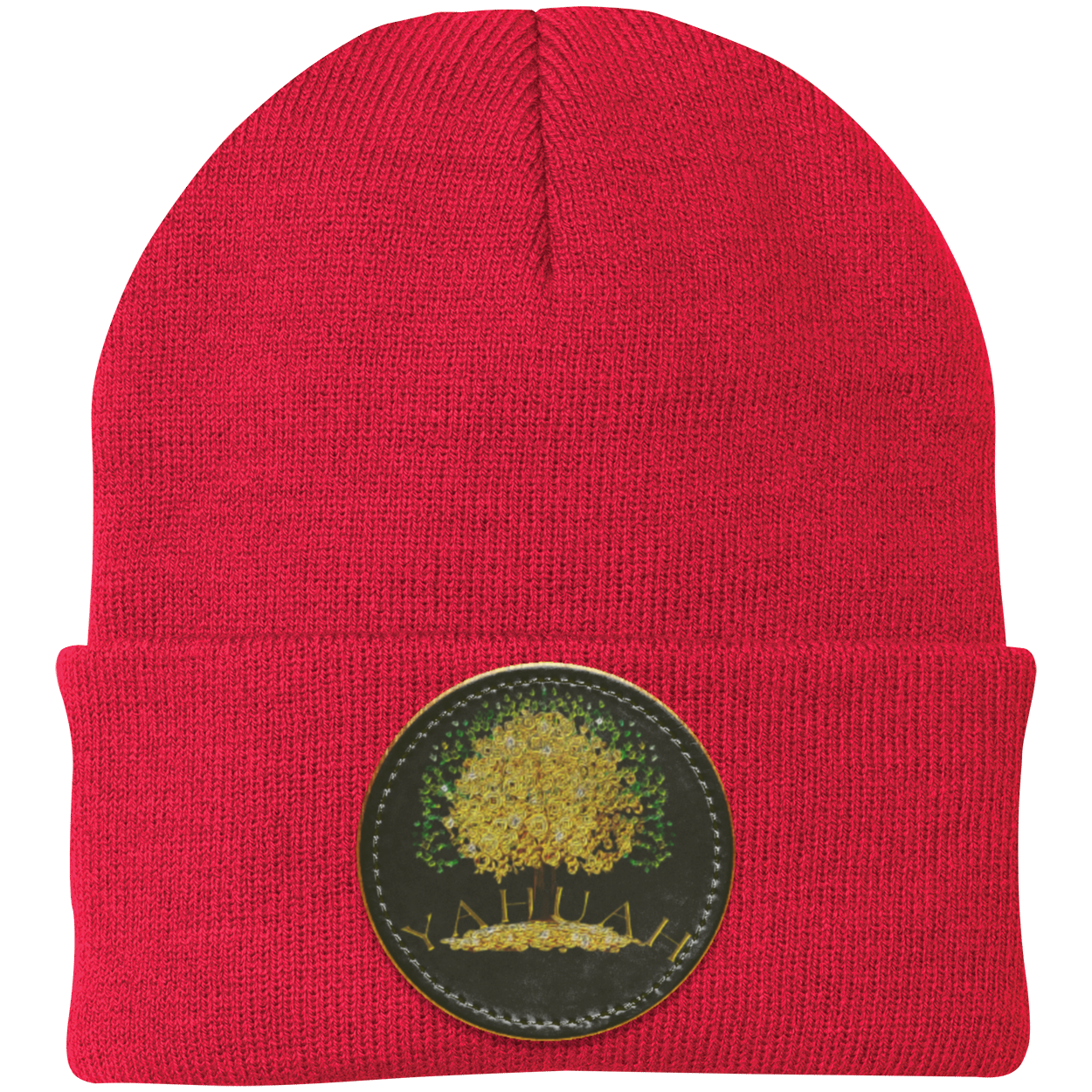 Red knit beanie with a leather patch featuring the gold Yahuah Tree of Life (03) design