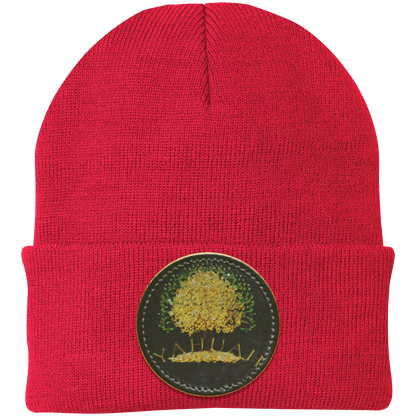 Red knit beanie with a leather patch featuring the gold Yahuah Tree of Life (03) design