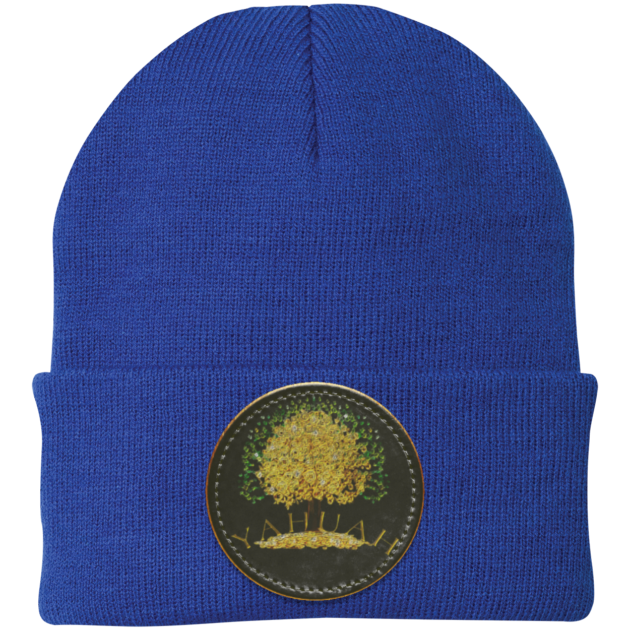 Royal blue knit beanie with a leather patch featuring the gold Yahuah Tree of Life (03) design