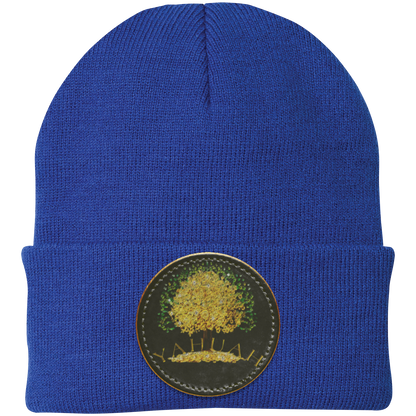 Royal blue knit beanie with a leather patch featuring the gold Yahuah Tree of Life (03) design