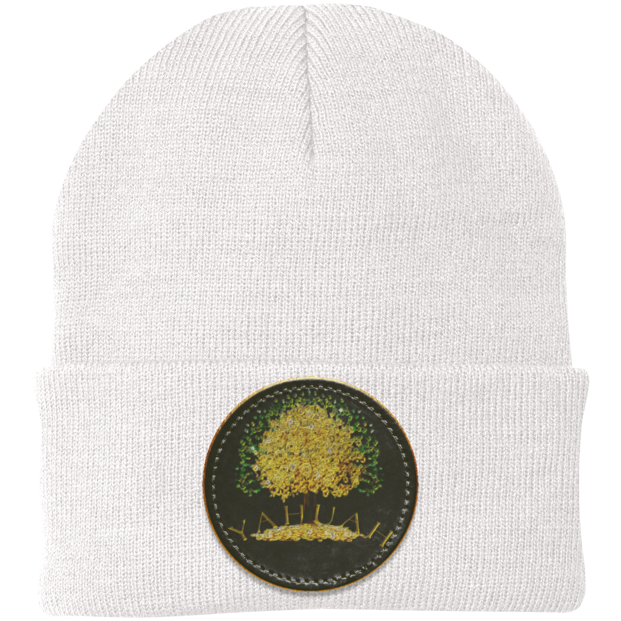 White knit beanie with a leather patch featuring the gold Yahuah Tree of Life (03) design