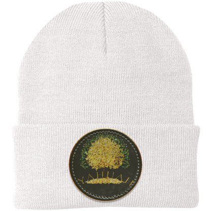White knit beanie with a leather patch featuring the gold Yahuah Tree of Life (03) design