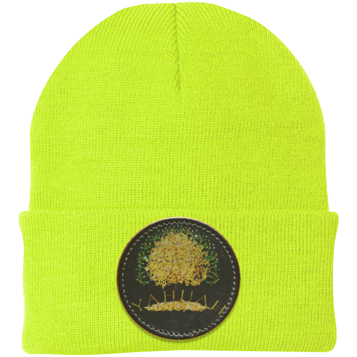 Yellow knit beanie with a leather patch featuring the gold Yahuah Tree of Life (03) design