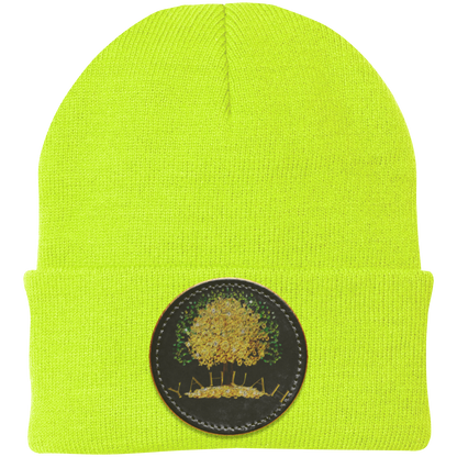 Yellow knit beanie with a leather patch featuring the gold Yahuah Tree of Life (03) design