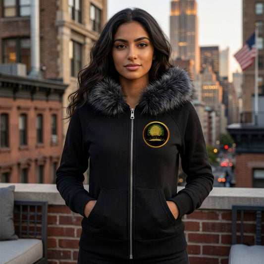 A woman on a city rooftop wearing a black full-zip hoodie with faux fur trim, featuring a gold "Yahuah Tree of Life" circular emblem on the chest.