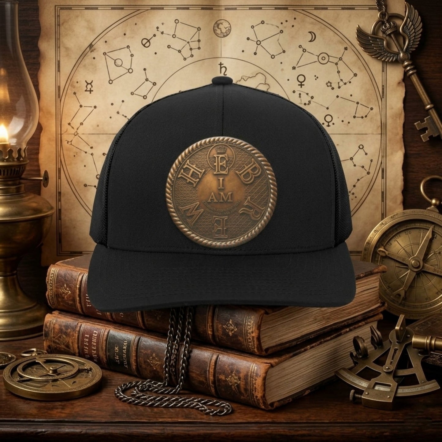 A detailed close-up shot focusing on the large, ornate bronze I AM HEBREW coin patch with a rope border, prominently featured on the black trucker hat.