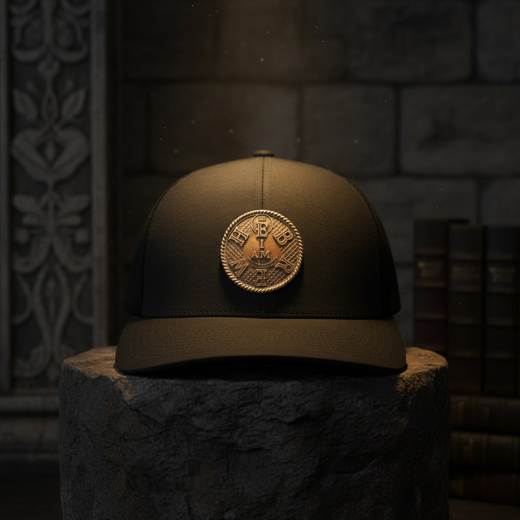 A close view of a TRP Modern Maximalist trucker hat featuring the I AM HEBREW coin patch, resting on a stone pedestal in a dimly lit, atmospheric medieval room.