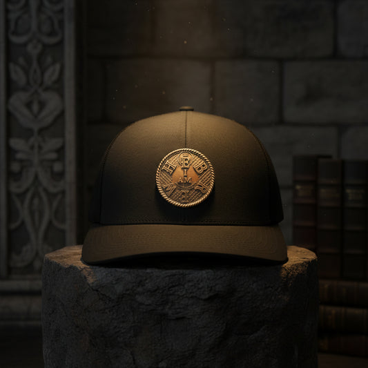 A close view of a TRP Modern Maximalist trucker hat featuring the I AM HEBREW coin patch, resting on a stone pedestal in a dimly lit, atmospheric medieval room.