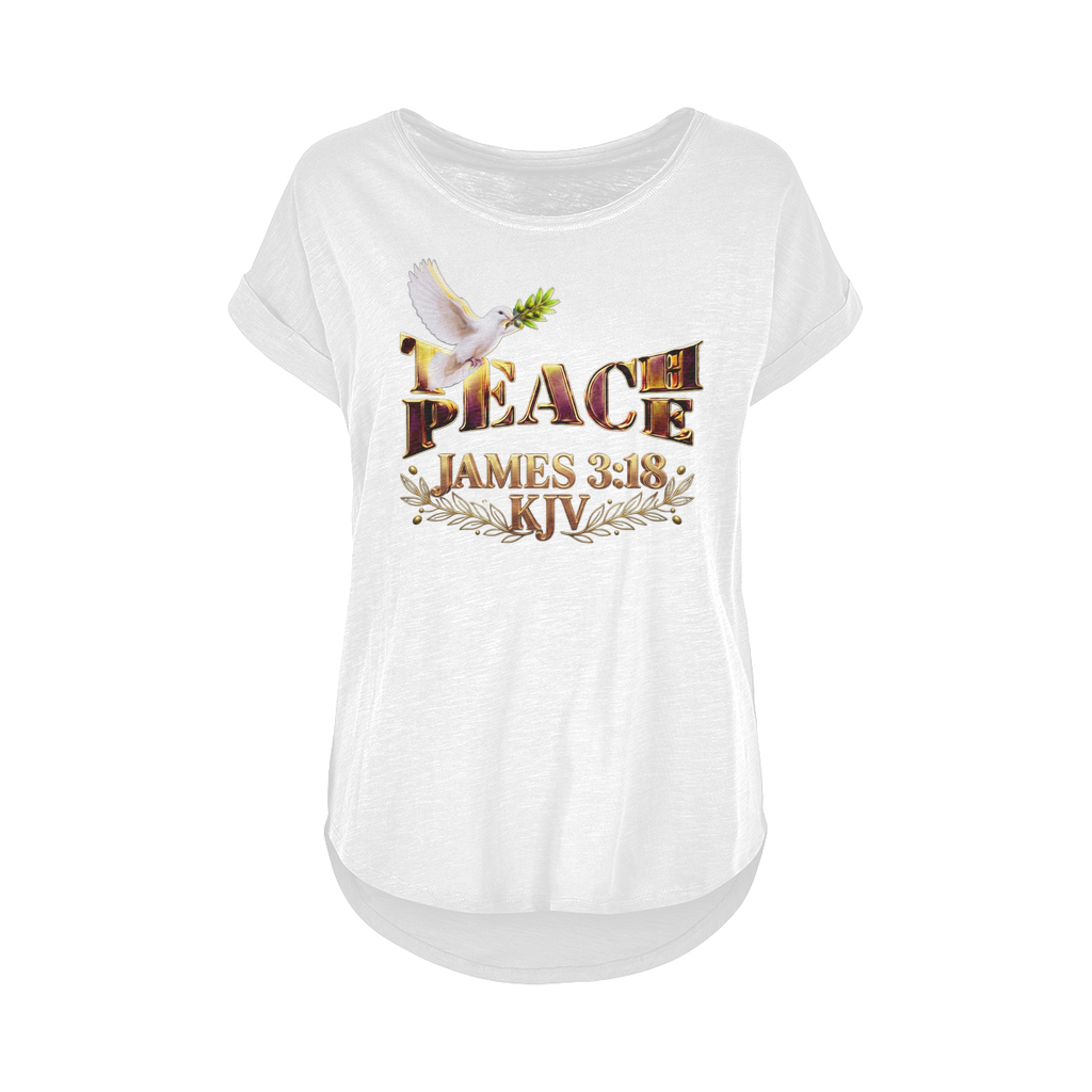 Isolated view of the white version of the women's wide-neck slub cotton long t-shirt displaying the Teach Peace design.