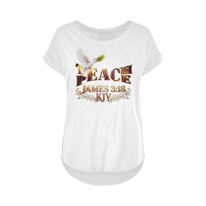 Isolated view of the white version of the women's wide-neck slub cotton long t-shirt displaying the Teach Peace design.