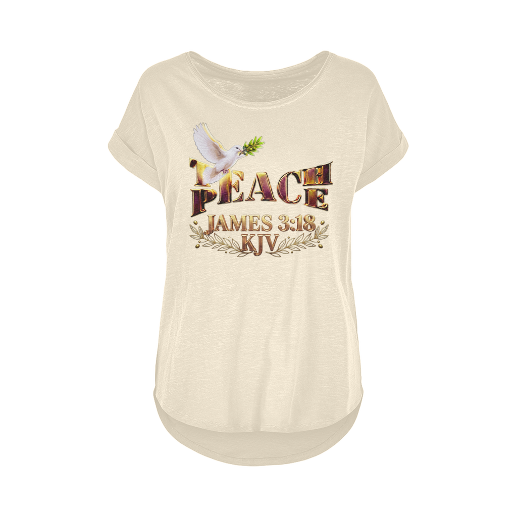 Front view of the white sand colored women's wide-neck slub cotton long t-shirt with the Teach Peace and James 3:18 graphic on a solid background.