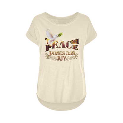 Front view of the white sand colored women's wide-neck slub cotton long t-shirt with the Teach Peace and James 3:18 graphic on a solid background.