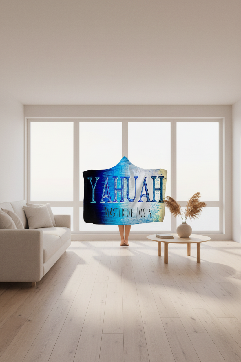 Model showcasing the Yahuah Master of Hosts hooded blanket inside a bright, modern minimalist living room with white sofa and large windows.