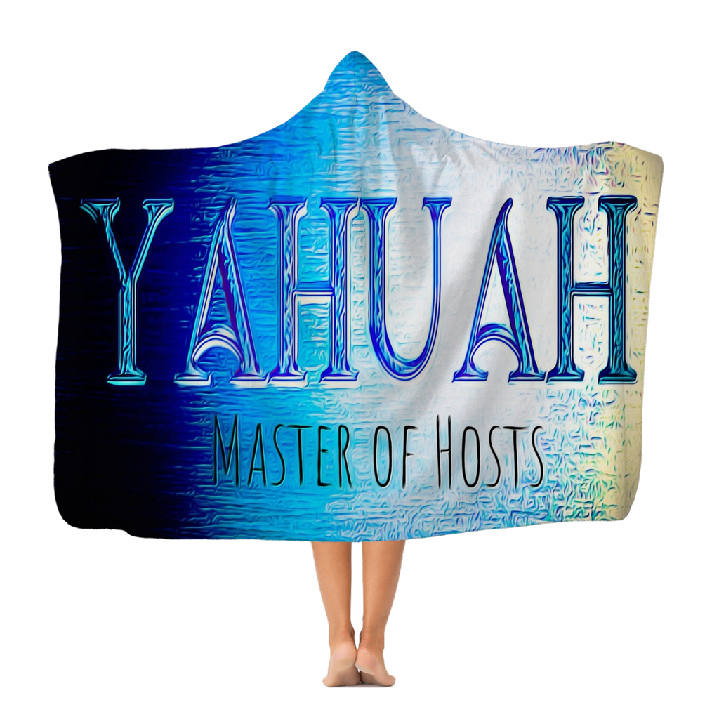Clear studio mockup of the blue gradient Yahuah Master of Hosts hooded blanket displaying textured typography against a solid black background.