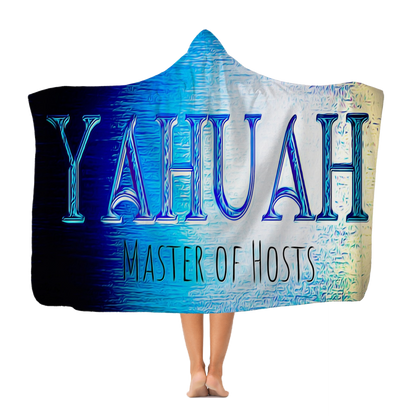 Clear studio mockup of the blue gradient Yahuah Master of Hosts hooded blanket displaying textured typography against a solid black background.