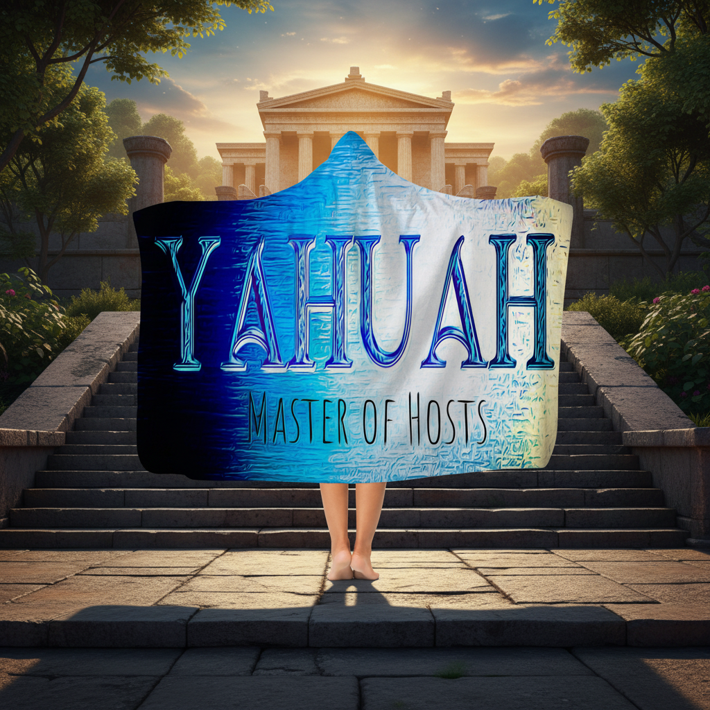 Person wearing the Yahuah Master of Hosts blue and white hooded blanket standing on steps in front of an ancient classical temple structure.
