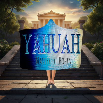 Person wearing the Yahuah Master of Hosts blue and white hooded blanket standing on steps in front of an ancient classical temple structure.