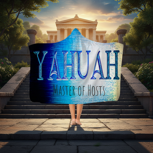 Person wearing the Yahuah Master of Hosts blue and white hooded blanket standing on steps in front of an ancient classical temple structure.