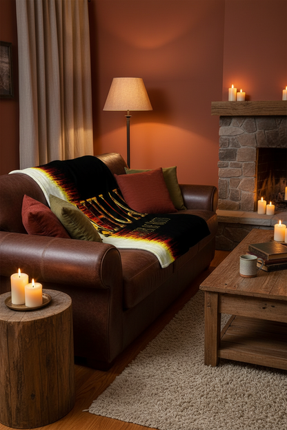 Yahuah Master of Hosts throw blanket on a leather sofa next to a stone fireplace with lit candles in a warm, inviting room.