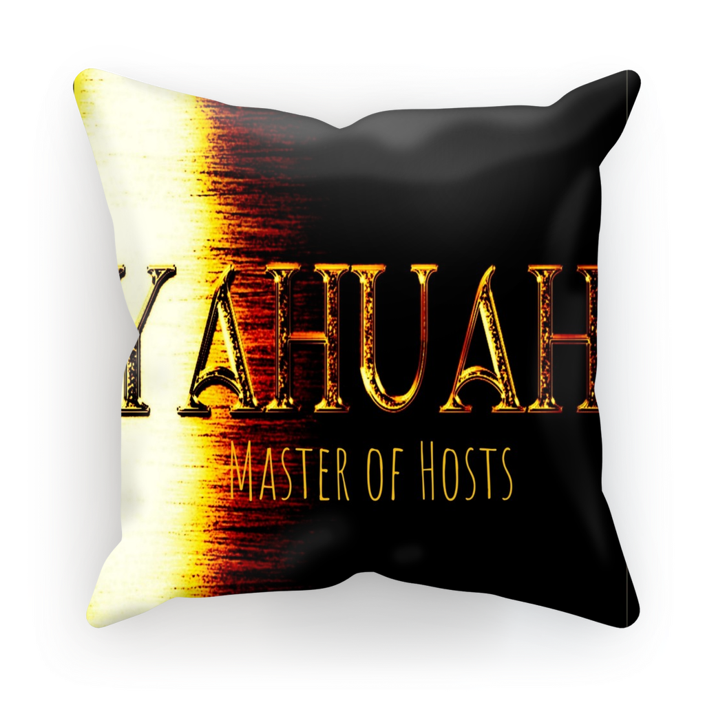 Front studio shot of the Yahuah: Master of Hosts cushion cover, featuring high-contrast gold metallic text over a deep black canvas.