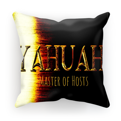 Front studio shot of the Yahuah: Master of Hosts cushion cover, featuring high-contrast gold metallic text over a deep black canvas.