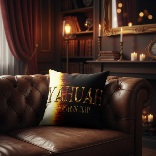 Yahuah: Master of Hosts sublimation cushion cover displayed on a tufted brown leather sofa in a dimly lit, elegant library room.