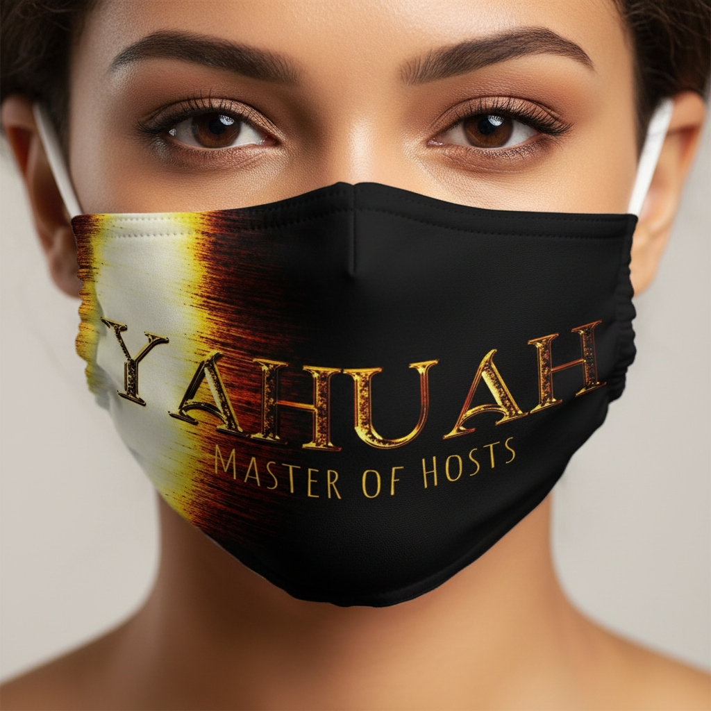 Close-up profile of a woman wearing the black face mask featuring the glowing gold and amber text "YAHUAH Master of Hosts" on a neutral background.