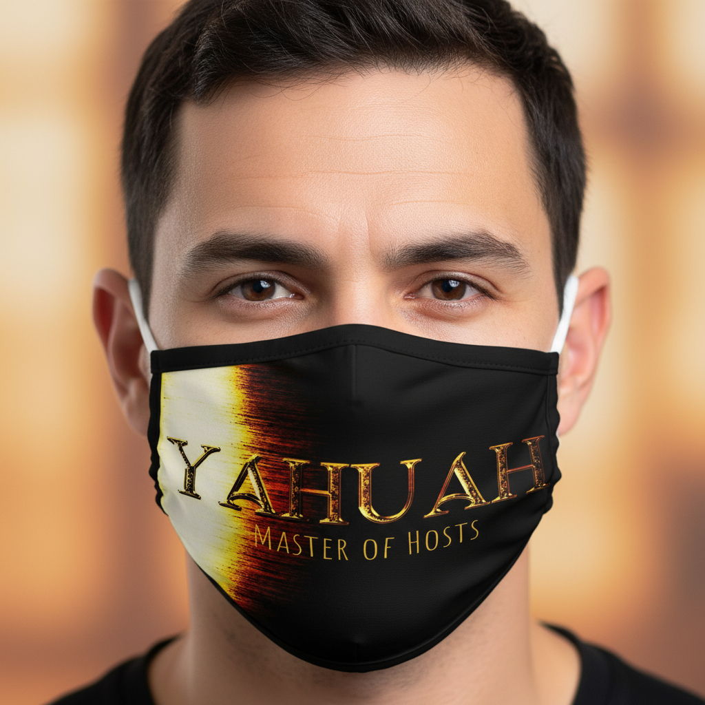 Close-up of a man wearing the black custom-printed face mask with the golden typography design "YAHUAH Master of Hosts" on a blurred background.