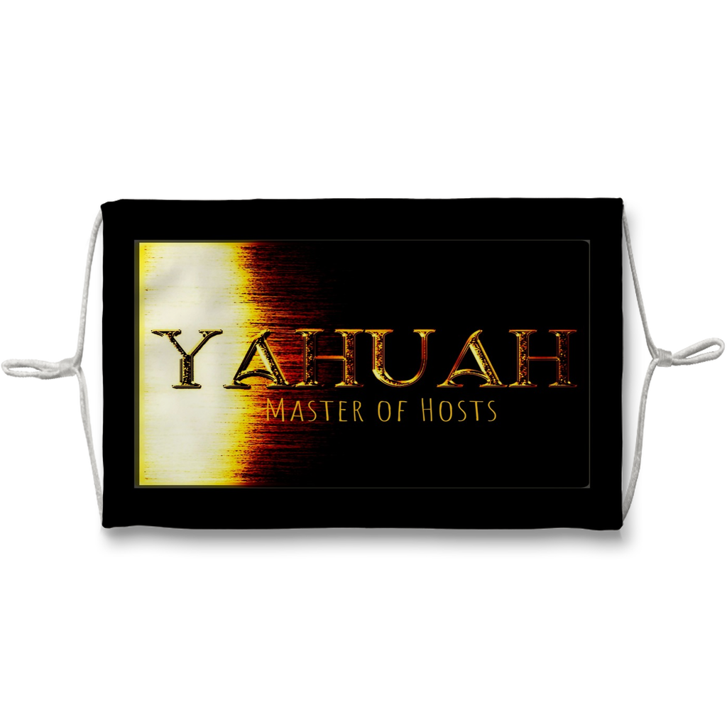 Flat lay view of a black fabric face mask with white ear loops, displaying the gold embossed "YAHUAH Master of Hosts" text across the front panel.