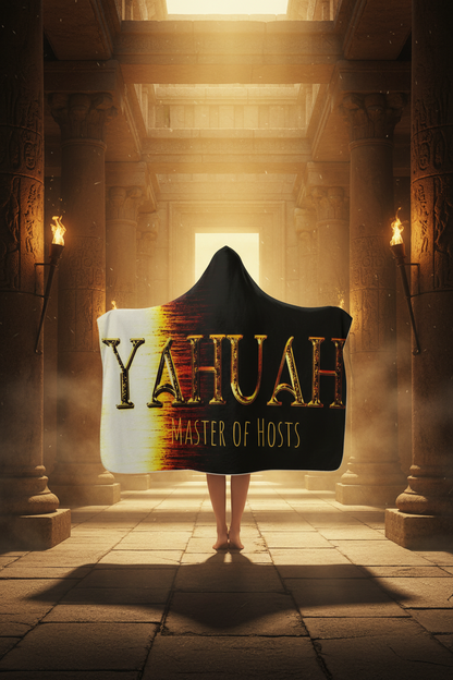 A person standing in an ancient pillar temple wearing a hooded blanket with the golden text 'Yahuah Master of Hosts' on a black and white gradient.