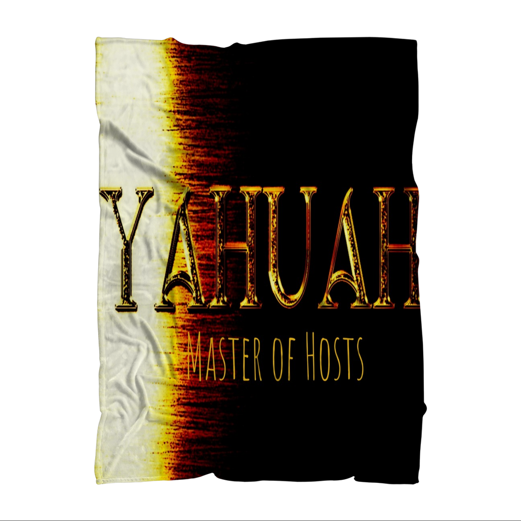 Full graphic view of the Yahuah Master of Hosts sublimation throw blanket featuring bold golden text over a fiery color gradient.