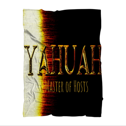Full graphic view of the Yahuah Master of Hosts sublimation throw blanket featuring bold golden text over a fiery color gradient.