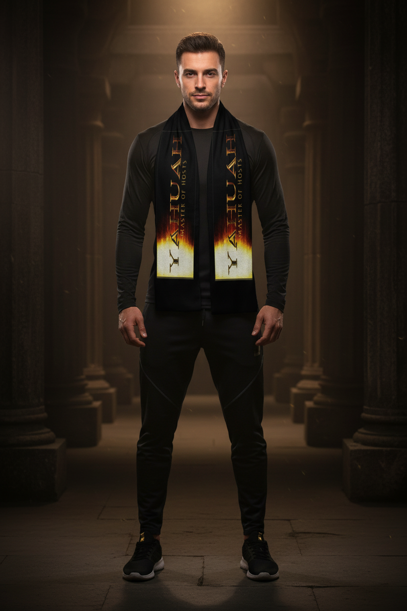 A man standing in a stone corridor wearing a black satin sports scarf featuring the gold text "Yahuah: Master of Hosts" on a fiery gradient background.