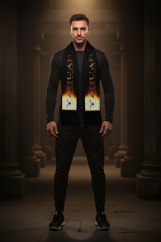 A man standing in a stone corridor wearing a black satin sports scarf featuring the gold text "Yahuah: Master of Hosts" on a fiery gradient background.