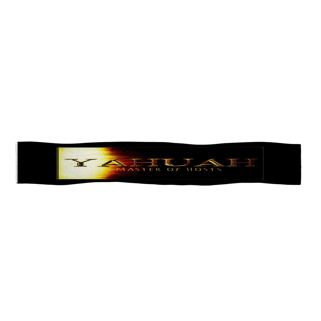 Flat layout of a black satin sports scarf with the text "Yahuah: Master of Hosts" printed across a textured, fiery white-to-black gradient band.
