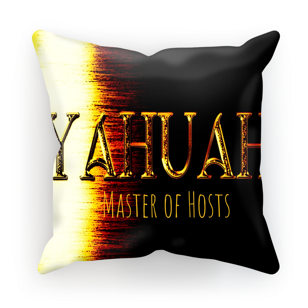 Product view of the Yahuah: Master of Hosts sublimation cushion cover, highlighting the vibrant gold and textured black split design.
