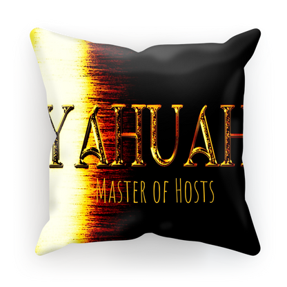 Product view of the Yahuah: Master of Hosts sublimation cushion cover, highlighting the vibrant gold and textured black split design.