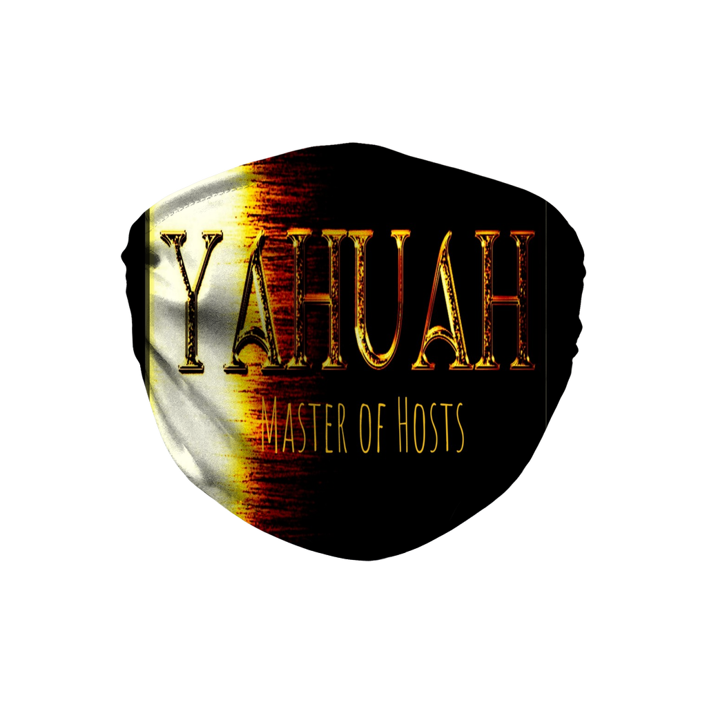 Black sublimation face mask featuring gold textured "YAHUAH Master of Hosts" typography over a high-contrast white and amber light burst effect.
